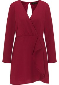 Rotes Wickelkleid mit langen Ärmeln, V-Ausschnitt und Schlüsselloch-Rücken. Mit einem drapierten Vorderteil für zusätzlichen Detail. Glatte Stoffoberfläche.