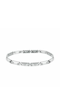 Bracciale in metallo argento con maglie rettangolari e ovali intrecciate, caratterizzato da una finitura lucida e una texture liscia.