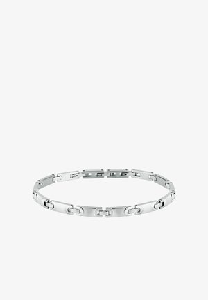 Bracciale in metallo argento con maglie rettangolari e ovali intrecciate, caratterizzato da una finitura lucida e una texture liscia.