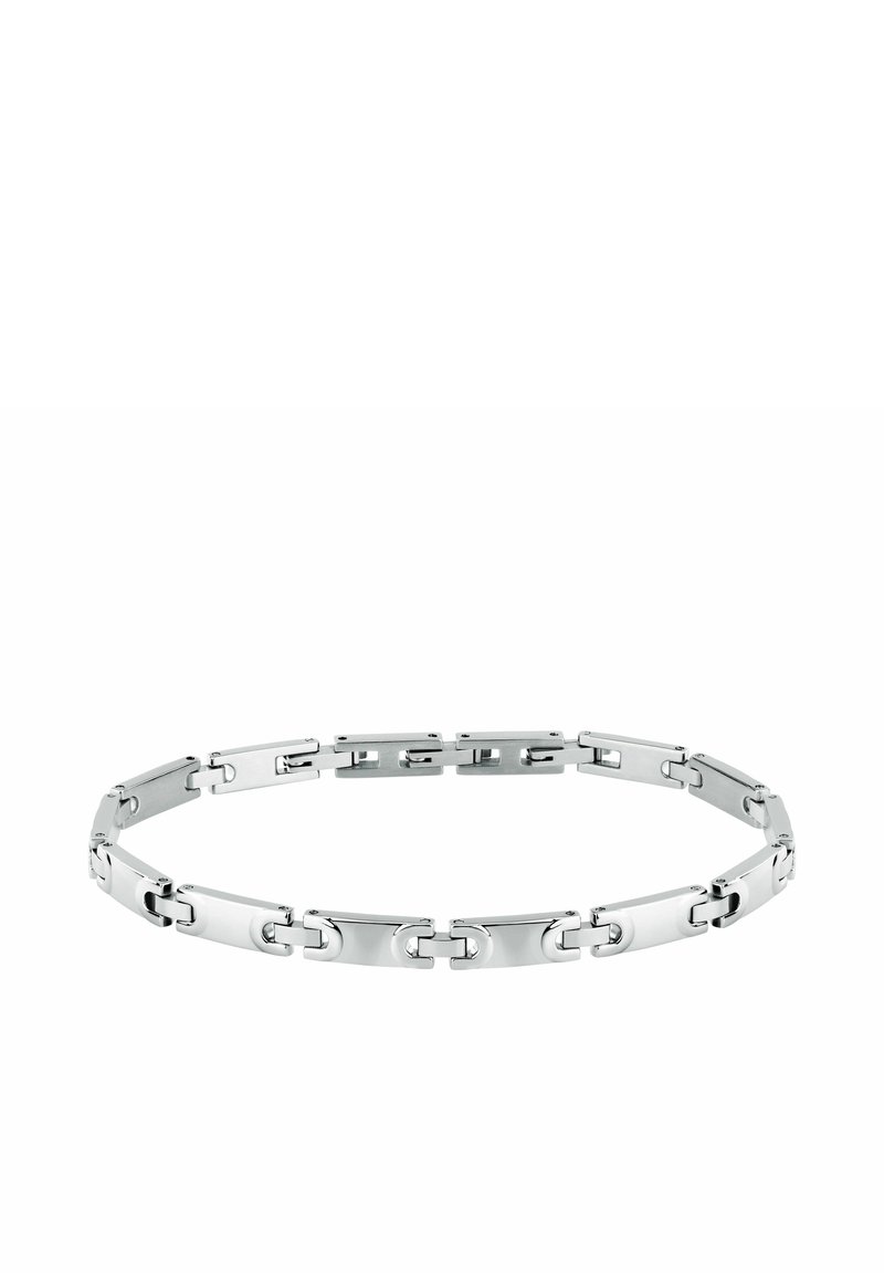 Bracciale in metallo argento con maglie rettangolari e ovali intrecciate, caratterizzato da una finitura lucida e una texture liscia.