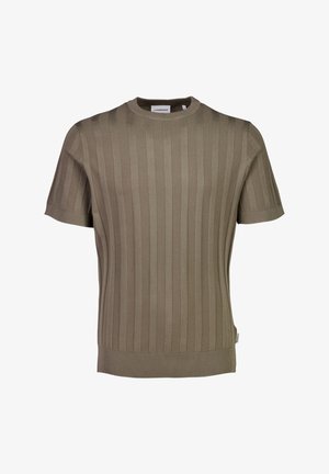 Camiseta de punto de manga corta en verde oliva. Presenta una textura ribeteada vertical y un cuello redondo. Tejido suave con una silueta ajustada.