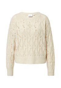 Cremfarbener gestrickter Pullover mit einem Rautenmuster, Rundhalsausschnitt und gerippten Bündchen und Saum. Hergestellt aus einem strukturierten Garn.