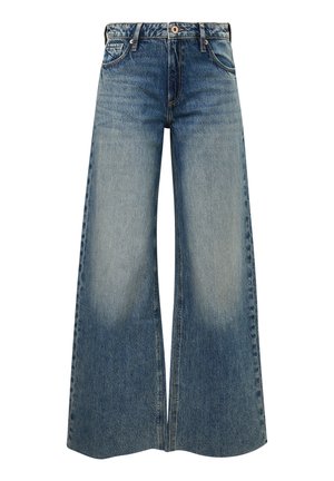 Hochtaillierte blaue Jeans aus Denim mit weitem Bein, Verblassung an den vorderen Oberschenkeln, Knopf- und Reißverschluss, sowie Vorder- und Gesäßtaschen.