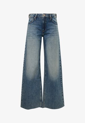 Blauwe denim jeans met hoge taille en wijde pijpen, vervaging aan de voorkant van de dijen, knoop- en ritssluiting, en voor- en achterzakken.