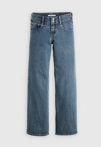 Jean en denim bleu taille haute avec jambes larges et droites et fermeture à double bouton sur un fond gris clair uni.