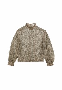 Skinnende taupe bluse med høj krave, fulde �ærmer og samlede manchetter, udsmykket med pailletter for tekstur og visuel interesse.