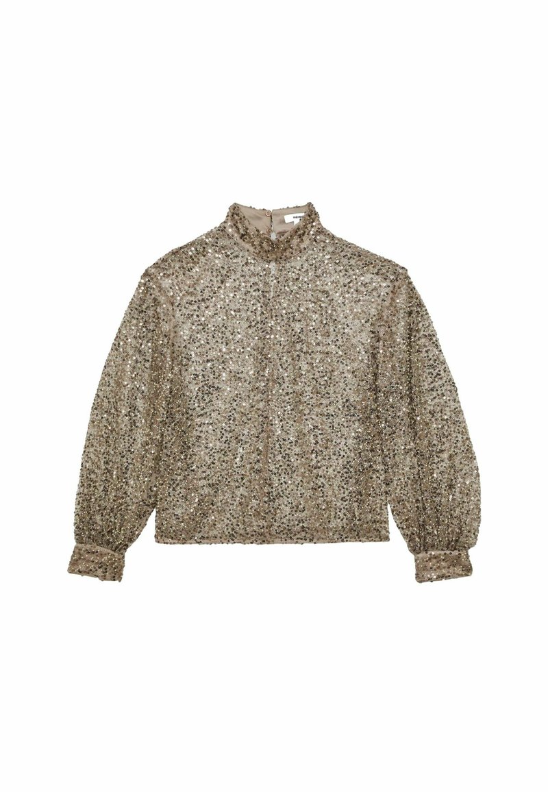 Skinnende taupe bluse med høj krave, fulde ærmer og samlede manchetter, udsmykket med pailletter for tekstur og visuel interesse.