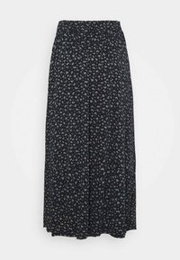 Gonna nera lunga con piccolo motivo floreale bianco e vita elasticizzata, appesa dritta su uno sfondo bianco.