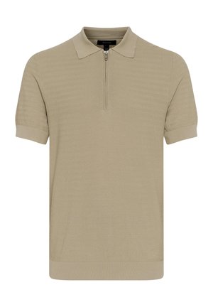 Polo beige con colletto a zip, maniche corte, tessuto testurizzato con motivo a zigzag e polsini e orlo a coste.