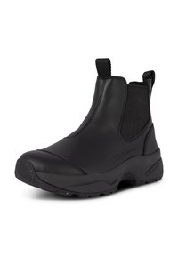 Botas de tobillo impermeables negras con paneles laterales elásticos, suelas de goma duraderas y un upper de textura suave. Diseño simple y aerodinámico.