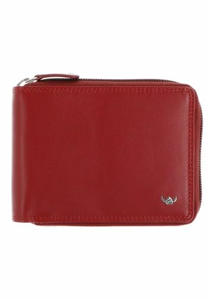 Portefeuille compact en cuir rouge avec fermeture éclair et petit emblème argenté en bas à droite sur fond blanc.
