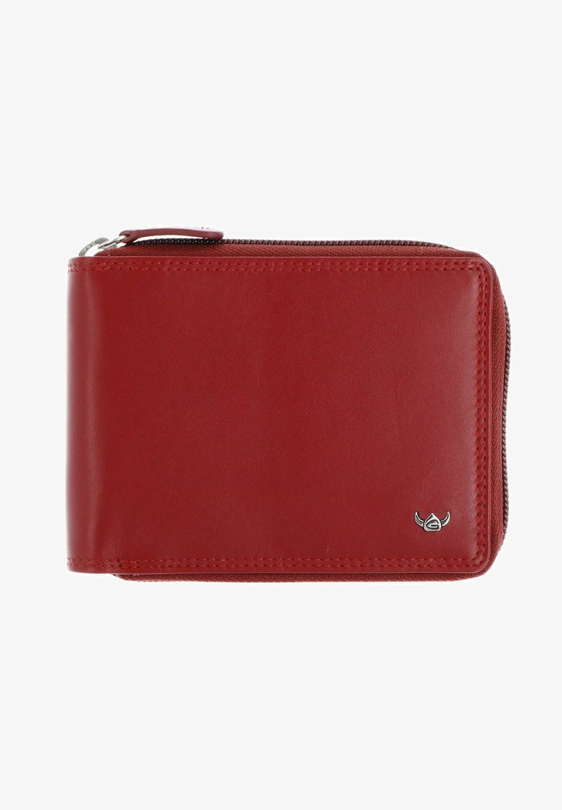 Portefeuille compact en cuir rouge avec fermeture éclair et petit emblème argenté en bas à droite sur fond blanc.