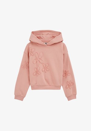 Svetlo roza kapucar s kapuco, z vezenimi cvetličnimi vzorci spredaj in na rokavih, z rebrastimi manšetami in spodnjim robom.