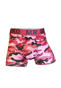 Rosa kamouflage kalsonger i mjukt tyg, med nyanser av rosa, svart och rött, samt en svart märkesmidja.