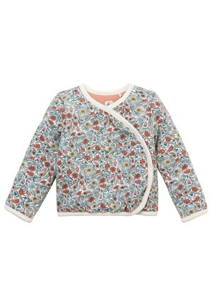 Veste bébé à manches longues avec motif floral enveloppant dans des tons terreux, bordure crème et fermeture par pression sur le côté.