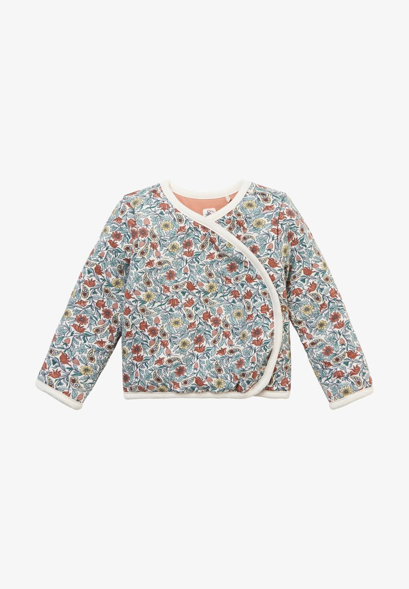 Veste bébé à manches longues avec motif floral enveloppant dans des tons terreux, bordure crème et fermeture par pression sur le côté.
