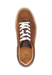 Brown suede sneaker with cream laces, padded brown leather accents, a smooth sole, and a logo inside the shoe. Classic design and stitching details.
