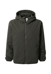 Black quilted hooded jacket with front zipper and long sleeves, designed for warmth and casual wear.