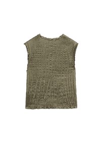 Top verde oliva senza maniche realizzato in tessuto strutturato con pieghe verticali. Semplice scollo rotondo e bordi grezzi sulle maniche e sull'orlo.