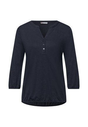 Dunkelmarineblaues Damenoberteil mit 3/4-Ärmeln, V-Ausschnitt, Dreiknopf-Leiste und elastischem Saum am unteren Rand.