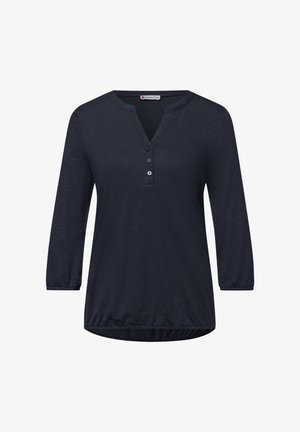 Top para mujer de color azul marino oscuro con mangas tres cuartos, escote en V, tapeta con tres botones y dobladillo elástico en la parte inferior.