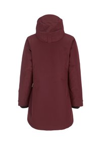 Bordeaux vattentät jacka med huva, som har en rak silhuett, långa ärmar och en logotyp på den övre ryggen. Slät textur.