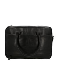 Zwarte leren laptoptas met een rechthoekige vorm, dubbele handvatten, een voorvak en een ritssluiting. Gladde textuur en minimalistisch ontwerp.