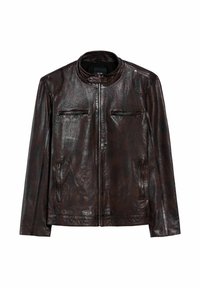 Ciemnobrązowa skórzana kurtka z przednim zamkiem, stójką z zatrzaskiem oraz czterema kieszeniami na zamek, leżąca płasko na białym tle.