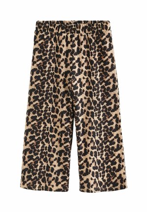 Spodnie z szerokimi nogawkami w beżowo-czarny wzór w cętki lamparta, z elastycznym pasem, wykonane z prążkowanej tkaniny.