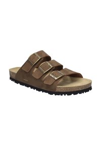 Bruine suede slide sandalen met drie verstelbare banden, gouden gespen en een kurken tussenzool. Geprofileerde zwarte rubberen buitenzool voor grip.