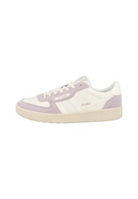 White and lavender sneaker with leather and suede materials. Features perforated toe, lace-up design, and Gola branding on the sides.
