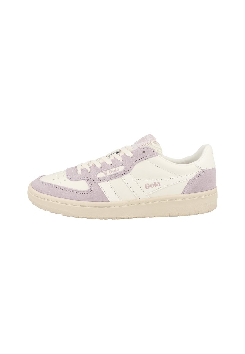 White and lavender sneaker with leather and suede materials. Features perforated toe, lace-up design, and Gola branding on the sides.
