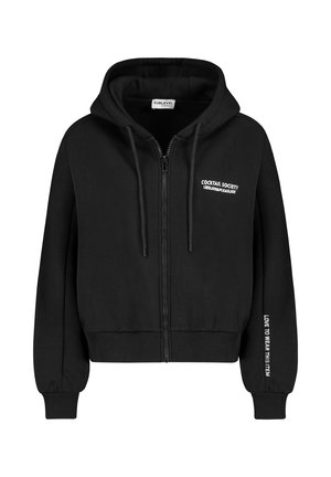 Schwarzer Kapuzenpullover mit Reißverschluss, Fronttasche, Kordelzugkapuze, Text "Cocktail Society Leisure & Pleasure" auf der Brust und "Love to Wear This Item" auf dem Ärmel.