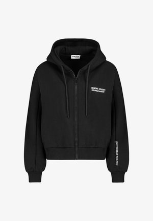 Black zip-up hoodie with front pouch pocket, drawstring hood, "Cocktail Society Leisure & Pleasure" text on chest, and "Love to Wear This Item" on sleeve.