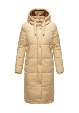 Beige quilted puffer coat with a hood, featuring a zip and button closure, side pockets, and elastic cuffs. Smooth texture, mid-length design.