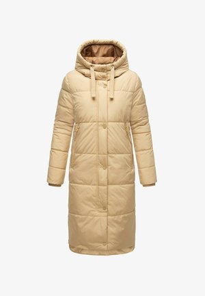 Bees värvitud õmmeldud puffer mantel kapuutsiga, millel on tõmblukk ja nupud, küljetaskud ja elastsed äärised. Sile tekstuur, keskmise pikkusega disain.