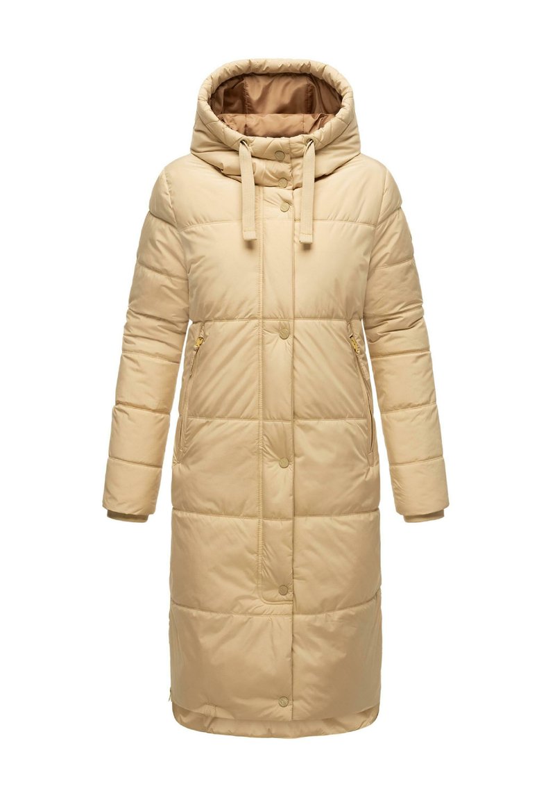 Beige gewatteerde pufferjas met een capuchon, voorzien van een ritssluiting en knoopsluiting, zijzakken en elastische manchetten. Gladde textuur, middellange ontwerp.