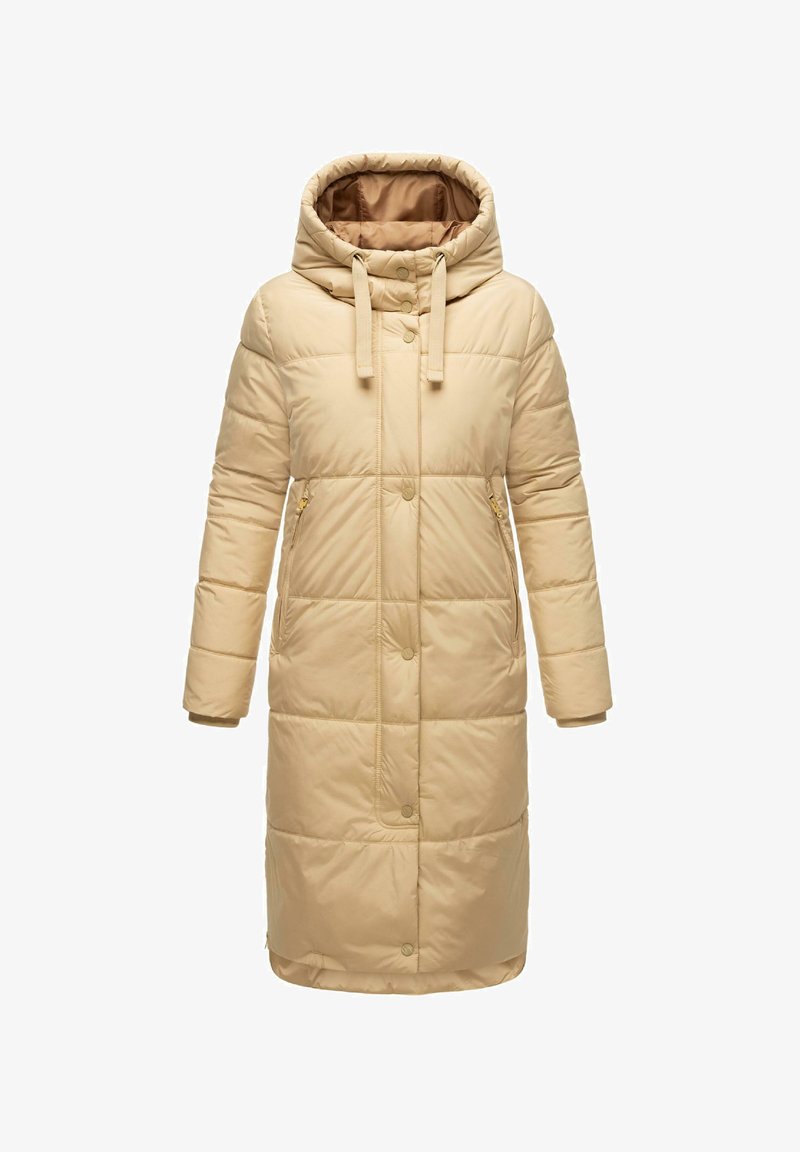 Bežinis kantinis pūkuotas paltas su gobtuvu, turintis užtrauktuką ir mygtukų uždarymą, šonines kišenes ir elastingus rankogalius. Lygus tekstūros, vidutinio ilgio dizainas.