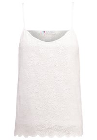 Camisole blanche en dentelle avec fines bretelles, motif en crochet floral et ourlet festonné, taille petite.