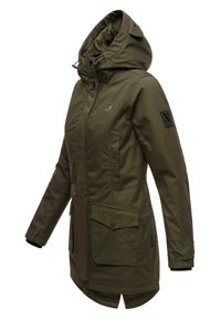 Olive green parka with a detachable hood, front zip closure, two large front pockets, and a rubber logo patch on the sleeve. Textured fabric.