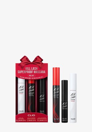 Ensemble de trois produits mascara Kill Lash dans des tubes noirs et blancs et un tube noir avec un accent rouge, présenté à l'intérieur et à l'extérieur d'un emballage cadeau rouge.