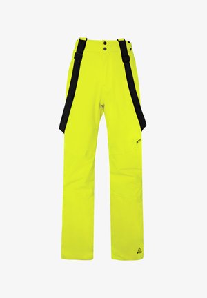 Pantalon imperméable jaune vif avec bretelles noires ajustables, doté d'une fermeture éclair à l'avant et d'un logo au bas.