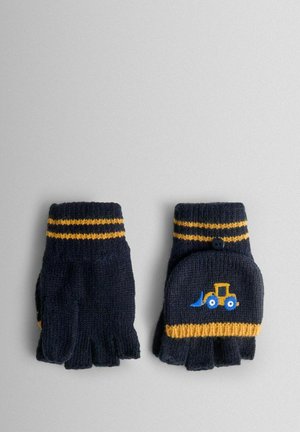 Tumboti pirkstu cimdi tumši zilā krāsā ar dzeltenām svītrām pie rokām. Uz plaukstas ir izšūta kravas automašīnas dizains zilo un dzelteno krāsā.