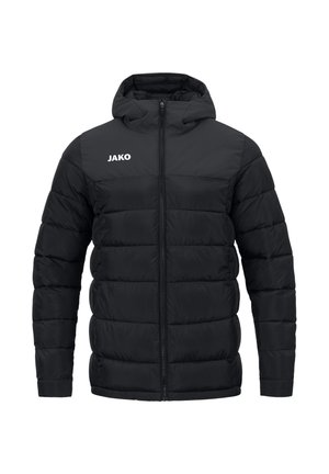 Schwarze gesteppte Jacke mit Kapuze, Frontreißverschluss, langen Ärmeln und „JAKO“-Logo auf der oberen linken Brust.