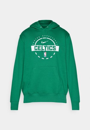 Zielona bluza z kapturem z logo "CELTICS" w białym kolorze, kieszeń kangurza i ściągacze przy rękawach. Wykonana z miękkiego materiału.
