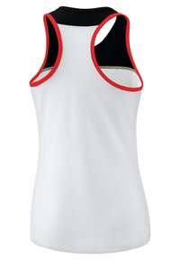Witte sportieve tanktop van een textuurstof, met zwarte delen op de schouders en rode afwerking langs de halslijn en armsgaten.