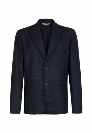 Mørk marineblå tekstureret to-knaps blazer med hakkrave og brystlomme, vist på en ensartet hvid baggrund.