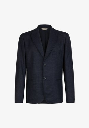 Mørk marineblå tekstureret to-knaps blazer med hakkrave og brystlomme, vist på en ensartet hvid baggrund.