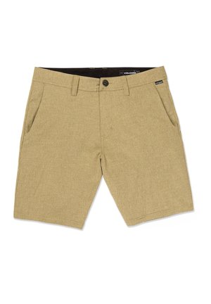 Shorts kaki en tissu texturé, dotés de deux poches avant, d'une fermeture à bouton unique et d'une étiquette de marque sur la taille.
