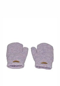 Manoplas de punto en rosa y morado con puños acanalados y una pequeña etiqueta de cuero, que presentan una superficie suave y texturizada y una forma redondeada.